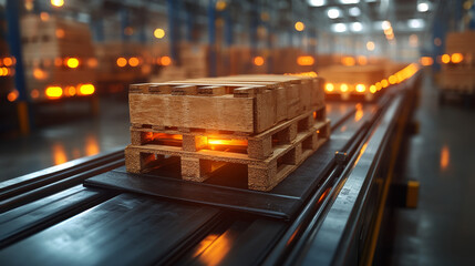 Poster - Automated conveyor transporting wooden pallets in warehouse setting