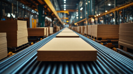 Poster - Hardboard sheets on conveyor belt in factory setting, showcasing industrial transport