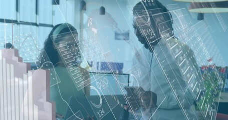 Aufkleber - Discussing data, business professionals using futuristic animation in office meeting