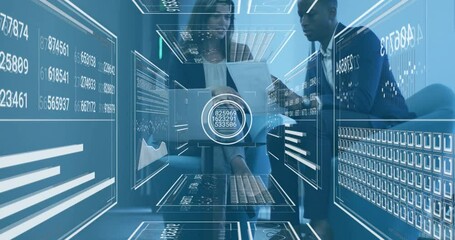 Poster - In office, business professionals analyzing data with digital interface overlay