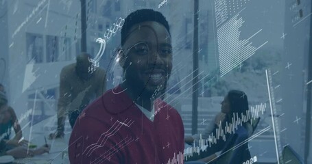 Poster - Smiling man in office with financial data processing animation overlay