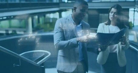Poster - In modern office, business professionals discussing data with animation overlay