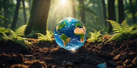 Poster - earth rests gently on forest floor surrounded by lush vegetation and sunlight filtering through tall