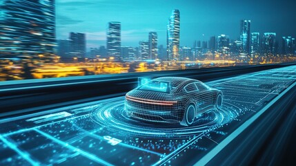 Poster - Futuristic Autonomous Vehicle on Digital Road in Urban Environment