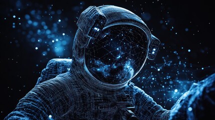 Futuristic astronaut helmet in space, digital network design