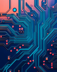 Poster - Macro photograph showcasing a vibrant electronic circuit board with glowing elements and neon colors, representing technology, connectivity, and innovation in an abstract and futuristic style.