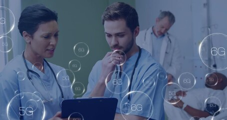 Poster - Medical professionals discussing patient data with 6G technology animation overlay