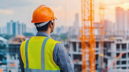 Poster - engineer in safety helmet observing construction site at sunset