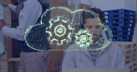 Poster - Cloud computing animation over person working on laptop in office setting