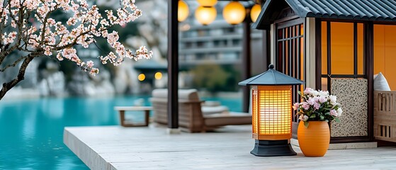 Wall Mural - A serene outdoor setting featuring a traditional lantern, a flower pot, and cherry blossoms by a tranquil water body, evoking a peaceful, zen-like atmosphere.