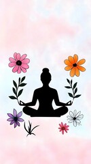 Canvas Print - a silhouette of a meditating figure surrounded by colorful flowers, symbolizing peace, mindfulness, 
