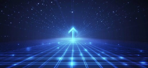 Aufkleber - Blue arrow background technology digital and speed concept for web banner, poster, or presentation design. Abstract blue glow arrows on a dark grid backdrop with a copy space area