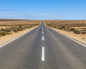 Wall Mural - a long, straight road stretches through a barren desert landscape under a clear blue sky, emphasizin