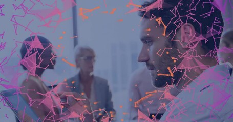 Poster - Collaborating with digital network overlay, business professionals in office setting