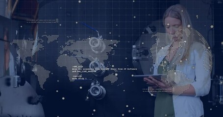 Poster - Woman using tablet with digital world map and data processing animation