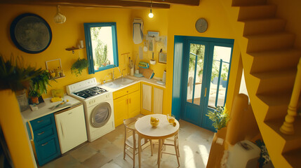 Poster - Bright and cheerful kitchen with modern table and chairs surrounded by stylized geometric patterns in vibrant colors for a cozy atmosphere.