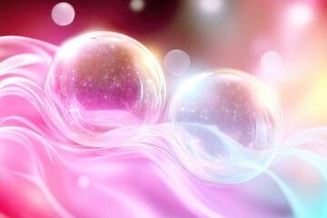 Poster - Glowing Bubbles in Dreamscape: Two luminous bubbles float amid a dreamy, ethereal landscape, bathed in a soft glow. Capturing the essence of purity and wonder.