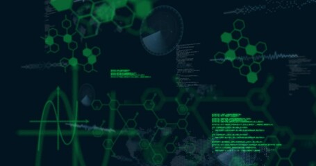 Poster - Digital animation with green hexagonal patterns over dark technological background