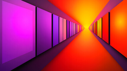 Poster - Unique long corridor adorned with multiple colored walls creating an artistic atmosphere with a symmetrical design for an engaging experience.