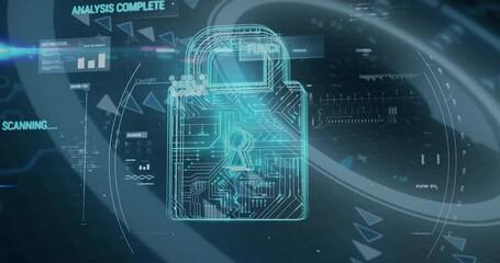 Poster - Futuristic digital lock with circuit patterns and data processing animation