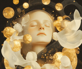 Aufkleber - serene face surrounded by golden orbs and flowing white fabric creates dreamlike atmosphere. ethereal composition blends elements of beauty and tranquility, evoking sense of peace