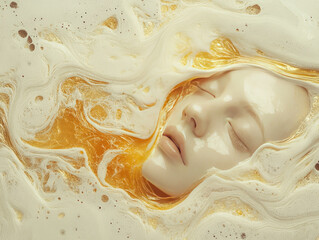 Aufkleber - serene face emerges from swirling golden and white liquid, creating dreamlike and ethereal atmosphere. blend of colors and textures evokes sense of tranquility and beauty