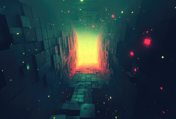Aufkleber - glowing, abstract tunnel with vibrant colors and digital cubes creates futuristic atmosphere. scene is illuminated by scattered neon lights, evoking sense of mystery and exploration