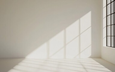 Poster - Sunlight streams into a white room with a metal grid window casting strong shadows on the wall and floor creating a bright minimalist aesthetic