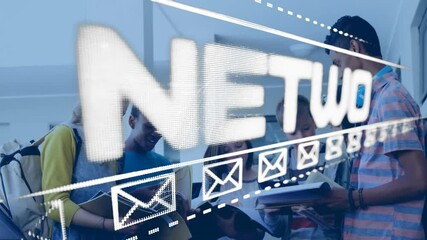 Poster - Network text animation over diverse students studying together with digital icons