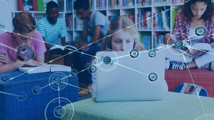 Poster - Children studying in library with digital network connections overlay animation