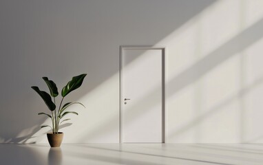 Poster - White Minimalist Interior With Closed Door Potted Plant and Natural Sunlight