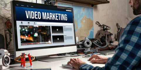 Poster - video marketing concept on laptop screen. video marketing advertising business on social media and b