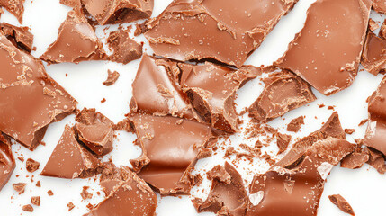 Poster - Close-up of realistic chocolate pieces on white background for dessert design