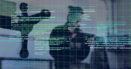 Poster - Using tablet with digital code and grid overlay in modern office animation