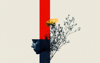 Poster - Surreal Minimalist Composition With Profile Face, Red Stripe and Yellow Flower and Withered Tree Branch