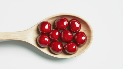 Aufkleber - Realistic wooden spoon with fresh cherries on white background