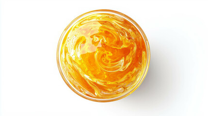 Poster - Top view of a glass with swirling orange liquid on white background for beverage concept