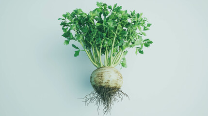 Poster - Fresh celeriac root with vibrant green stalks for culinary use
