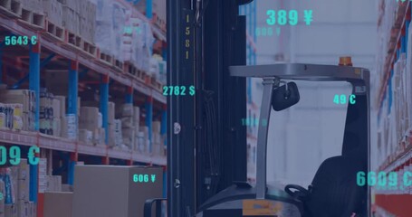 Poster - Forklift operating in warehouse with currency symbols and numbers overlay animation