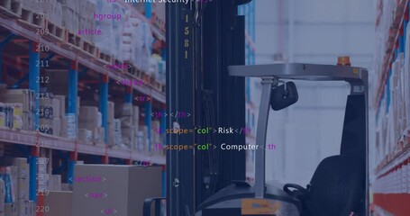 Poster - in warehouse, forklift operating with computer code animation overlaying scene