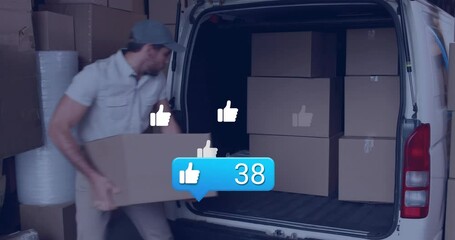 Poster - Man loading boxes into van with social media likes animation overlay