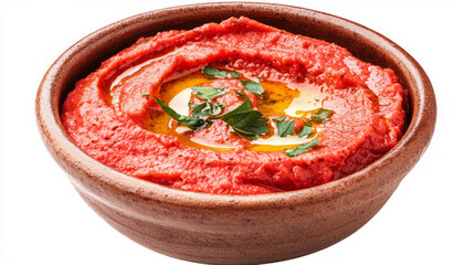 Poster - Delicious roasted red pepper and garlic dip in rustic bowl for culinary inspiration