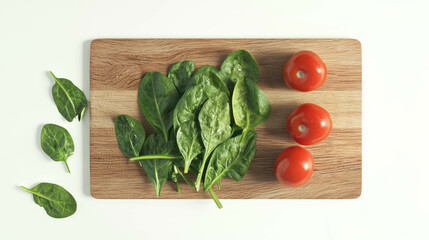 Poster - Fresh spinach and tomatoes on wooden cutting board for cooking and healthy meal preparation