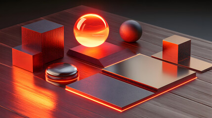 Poster - Table with a mirror and a ball surrounded by textured geometric shapes lit aesthetically creating a modern and stylish interior scene.