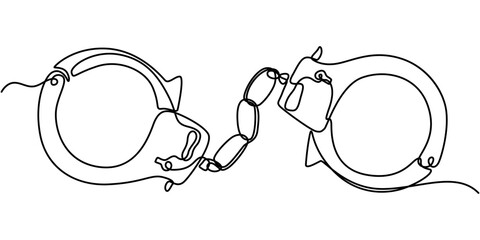 one continuous line drawing handcuffs minimalist design vector illustration law theme object isolated on white background, Handcuffs in one continuous line drawing. Symbol of police justice and jail. 