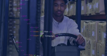 Poster - Man operating forklift in warehouse with HTML code overlay animation