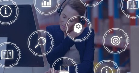 Poster - Businesswoman with headset working, surrounded by digital icons and graphs animation