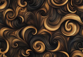 Poster - Pattern with wood-carved swirls, their surfaces a blend of natural grain and detailed carving. Impressionism meets Art Deco, with soft brush strokes and geometric forms in earthy tones.