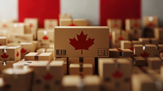 Retail supply chain and logistics in Canada, cardboard shipping boxes with handling symbols placed over the red and white Canadian flag