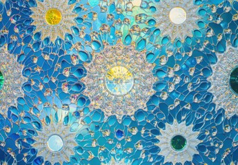 Aufkleber - Blue and green mosaic background with sun, moon, and stars motif. Background with bright blue and yellow colored glass gems in a star pattern. Shiny glass stones on the wall surface.